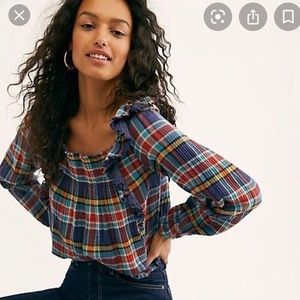 Free People Siene Plaid Western Top-blue Size S